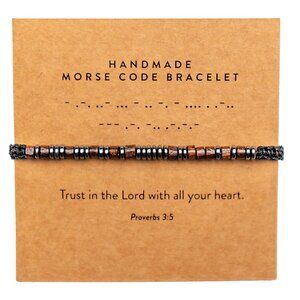 Adjustable Wood Hematite Morse Code Bracelet Religious Scripture Gift